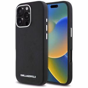 Karl Lagerfeld Saffiano pilnai aptrauktas pailgo metalinio logotipo magnetinis dėklas telefonui iPhone 16 Pro - juodas