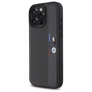 BMW M perforuota trispalvė linija iPhone 16 Pro dėklas - tamsiai pilkas