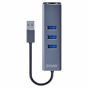 Savio AK-57 USB-A į 3x USB-A šakotuvas su RJ-45 Gigabit Ethernet adapteriu, USB 3.2 Gen 1, juodas/pilkas