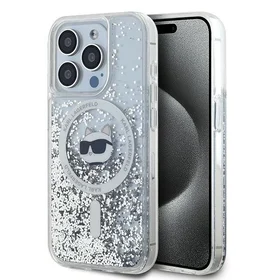 Karl Lagerfeld Skystas blizgučiai Choupette Head Magnetinis dėklas telefonui iPhone 15 Pro Max - permatomas
