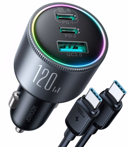 Joyroom JR-CCN07 120W automobilinis įkroviklis 2xUSB-C USB-A + USB-C kabelis 100W - tamsiai pilkas