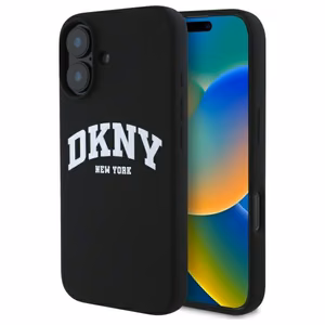 DKNY silikoninis baltas su logotipu Magnetinis dėklas telefonui iPhone 16 - juodas