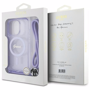 Guess Crossbody Cord Script Magnetinis dėklas iPhone 16 Pro Max - violetinis