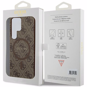 Guess 4G Collection Leather Metal Logo MagSafe dėklas telefonui Samsung Galaxy S24 Ultra - rudas
