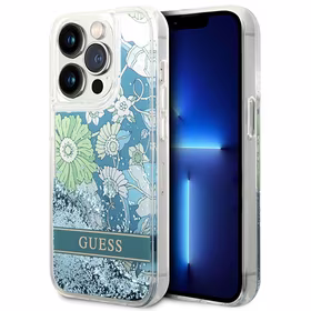 Guess Flower Liquid Glitter dėklas telefonui iPhone 14 Pro Max - žalias
