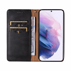 Magnetinis dėklas telefonui Samsung Galaxy S22+ (S22 Plus) su dirželiu, pinigine ir mažu pakabuku - juodas