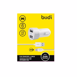 Budi BD622LW automobilinis įkroviklis su 2 USB-A jungtimis, su LED indikatoriumi, su Lightning laidu