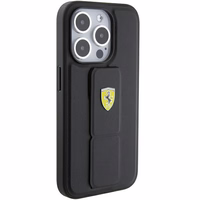 Ferrari Grip Stand Metal Logo dėklas iPhone 15 Pro – juodas
