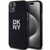 DKNY skystojo silikono metalinio logotipo dėklas telefonui iPhone 15 Plus / 14 Plus - juodas