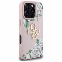 Guess Grained Roses Big 4G logo dėklas telefonui iPhone 16 Pro Max - rožinis