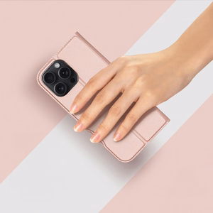 Dux Ducis Skin Pro dėklas telefonui iPhone 16 Pro Max su atverčiamu dangteliu ir kortelių skyriumi - rožinis