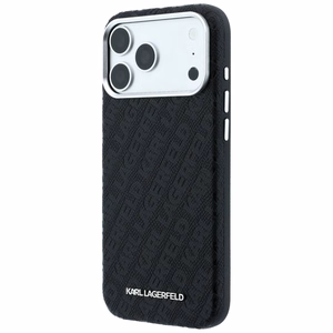 Karl Lagerfeld Grained Allover Logo Metal Elongated MagSafe dėklas, skirtas iPhone 18 Pro / 17 Pro, juodas