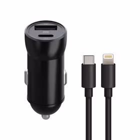 "Maxlife MXCC-04 PD QC automobilinis įkroviklis 1x USB-C 1x USB 20W juodas + USB-C - Lightning kabelis 27W