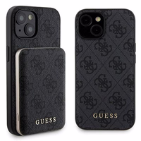 Guess 4G Metal Logo dėklas telefonui rinkinys iPhone 15 + 5000mAh Magnetinė išorinė baterija - juoda