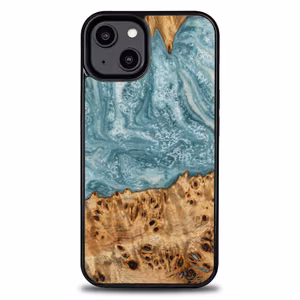 Чехол из дерева и смолы для iPhone 15 Plus Bewood Unique Uranus - синий и белый