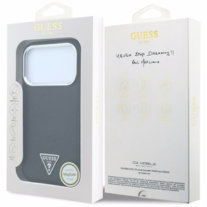 Guess Grained Triangle Logo MagSafe dėklas, skirtas iPhone 17 Pro Max / 18 Pro Max, juodas