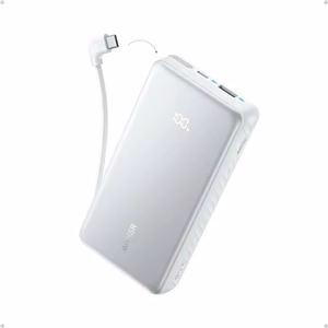 Balta išorinė baterija Anker Zolo, 22,5 W, 20000 mAh, USB-C, integruotas USB-C laidas