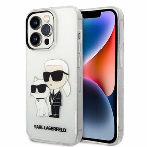 Karl Lagerfeld Glitter Karl&Choupette dėklas iPhone 14 Pro – skaidrus