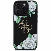 Guess Grained Roses Big 4G logo dėklas telefonui iPhone 16 Pro - juodas