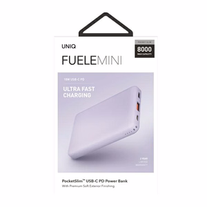 Išorinė baterija Uniq Fuele mini 8000mAh USB-C 18W PD greitas įkrovimas - levandų