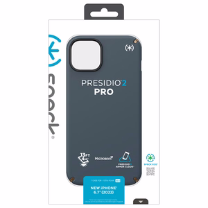 Speck Presidio2 Pro case for iPhone 15 Plus / 14 Plus, with Microban antimicrobial protection, Charcoal / Cool Bronze / Slate