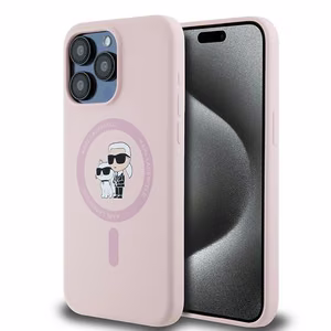 Karl Lagerfeld silikoninis Karl&Choupette magnetinis dėklas telefonui iPhone 15 Pro - rožinis