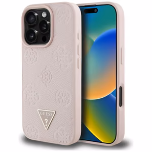 Guess Grained Hot Stamp Peony trikampio logotipo magnetinis dėklas telefonui iPhone 16 Pro - rožinis
