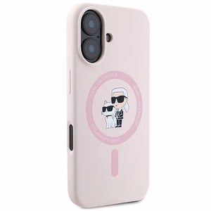 Karl Lagerfeld silikoninis Magnetinis dėklas telefonui iPhone 16 Plus su Karl & Choupette galvų žiedu - rožinė