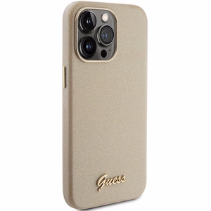 Guess Blizgantis blizgus užrašas dėklas iPhone 15 Pro - auksinis