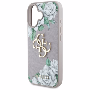 Guess Grained Roses Big 4G Logo dėklas telefonui iPhone 16 - violetinis