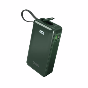 Išorinė baterija SBS 10000 mAh 20W su įmontuotu USB-C kabeliu ir skaitmenine indikacija - žalia