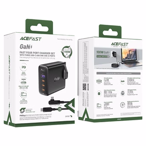 Greitas GaN 100W Power Delivery įkroviklis 3x USB C 1x USB su JK kištuku - juodas