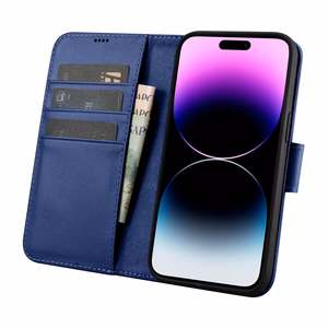 iCarer Piniginės dėklas 2in1 viršelis iPhone 14 Pro Max Anti-RFID odinis atverčiamas dėklas mėlynas (WMI14220728-BU)