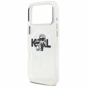 Karl Lagerfeld IML blizgantis Karl & Choupette eskizo logotipo magnetinis dėklas telefonui iPhone 17 Pro Max - skaidrus
