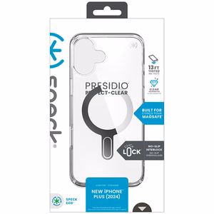 Speck Presidio Perfect-Clear dėklas su MagSafe ir ClickLock, skirtas iPhone 16 Plus, „Clear/Chrome“