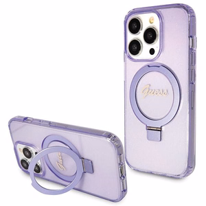 Guess Magnetinis dėklas telefonui su žiediniu stovu Script Glitter MagSafe iPhone 14 Pro Max - violetinė