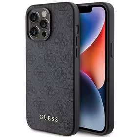 Guess 4G Metal Gold Logo dėklas telefonui iPhone 15 Pro Max - pilka