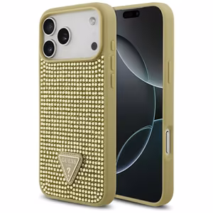 Guess Rhinestone Triangle Logo dėklas telefonui iPhone 17 Pro Max - auksinė