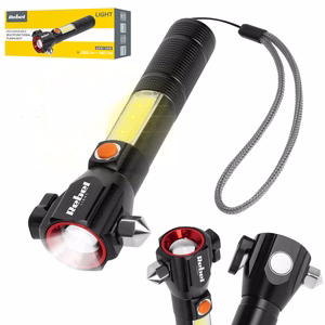 Rebel multifunction rechargeable flashlight with zoom, knife and glass hammer
