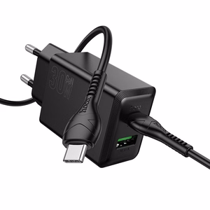 Įkroviklis telefonui Hoco USB A + USB C QC3.0 PD AFC 3A 30W + kabelis USB C į USB C N71 juodas