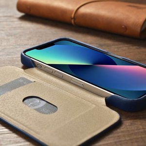 iCarer CE Premium odinis folio dėklas iPhone 14 Plus su MagSafe magnetiniu flipu - mėlynas