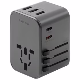 ENERGEA tinklo įkroviklis 3xUSB+2xUSB-CPD-PPS-QC 3.0 35.5W 3A2C adapter 4w1 US/UA/EU/UK pilkas/gunmetal Travelworld