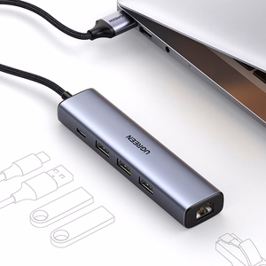 Ugreen CM475 daugiafunkcis šakotuvas USB 3.0 - 3x USB / Ethernet RJ-45 / USB Type-C PD - pilkas
