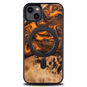 Чехол из дерева и смолы для iPhone 15 Plus MagSafe Bewood Unique Orange - оранжевый и чёрный