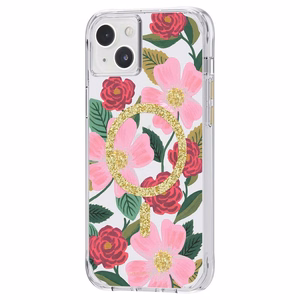 Rifle Paper Clear MagSafe dėklas, skirtas iPhone 14 Plus, su aukso spalvos dekoru, „Rose Garden“ rašto