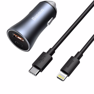 Baseus Golden Contactor Pro greitas automobilinis įkroviklis USB Type C / USB 40 W Power Delivery 3.0 Quick Charge 4+ SCP FCP AFC + USB Type C kabelis - Lightning pilkas (TZCCJD-B0G)