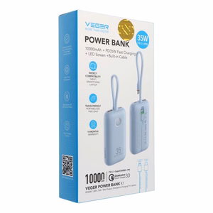 Išorinė baterija VEGER 10000 mAh su įmontuotais kabeliais Type C / Lightning PD QC3.0 35W K1 (W1188) mėlyna