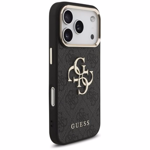 Guess PU Leather 4G Metal Logo Gold Frame dėklas Apple iPhone 18 Pro, juodas