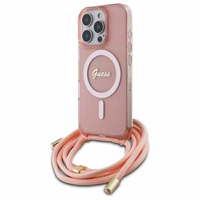Guess Crossbody Cord Script Magnetinis dėklas iPhone 16 Pro - rožinis