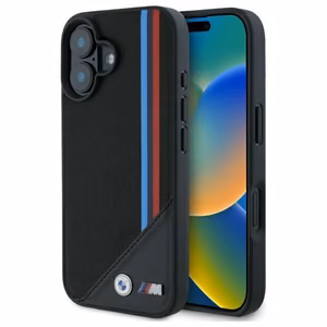 BMW M Meshed Tricolor Stripes MagSafe dėklas iPhone 16 - juodas